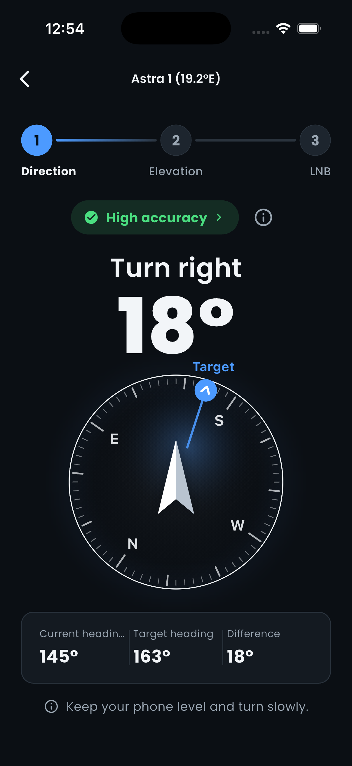 Live compass alignment screen showing target heading and turn direction