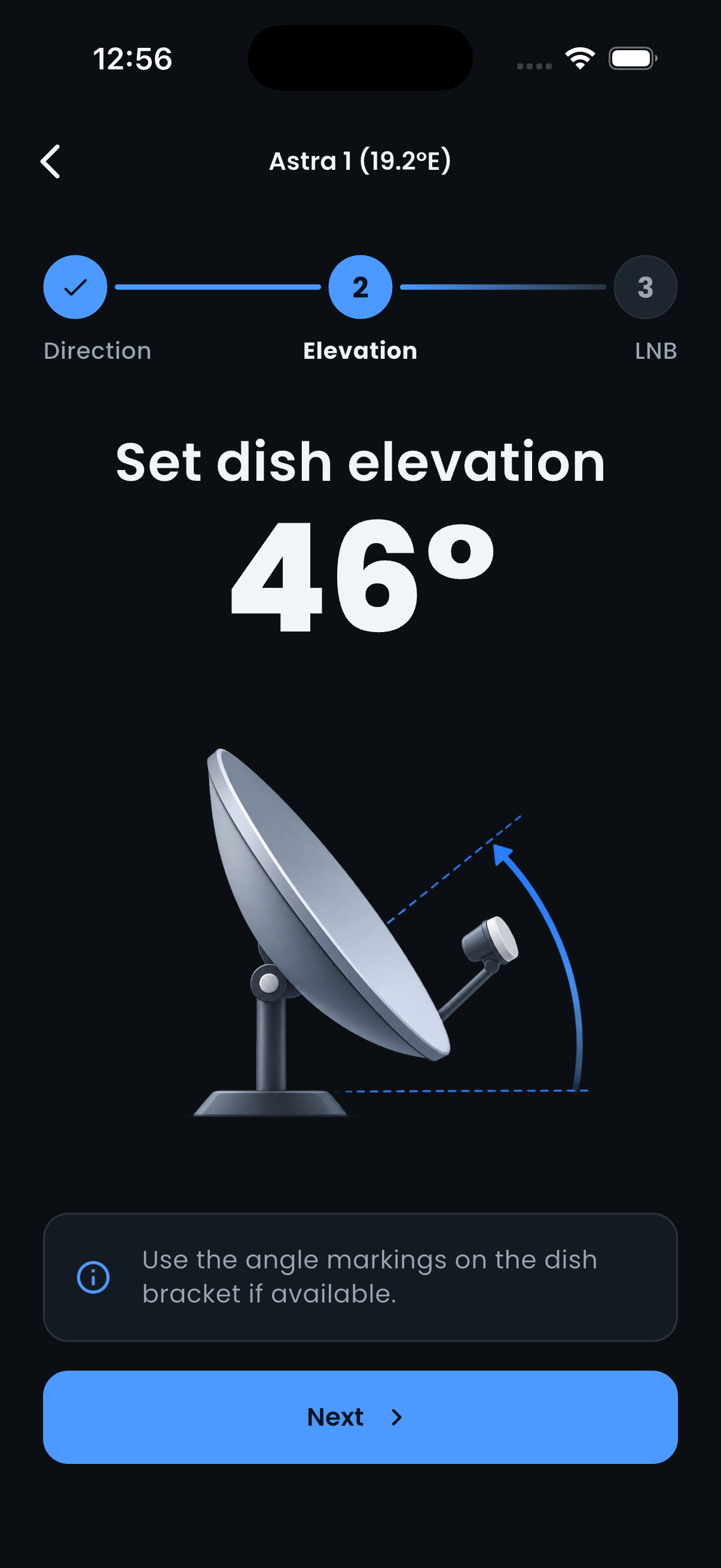 SatAlign elevation measurement screen