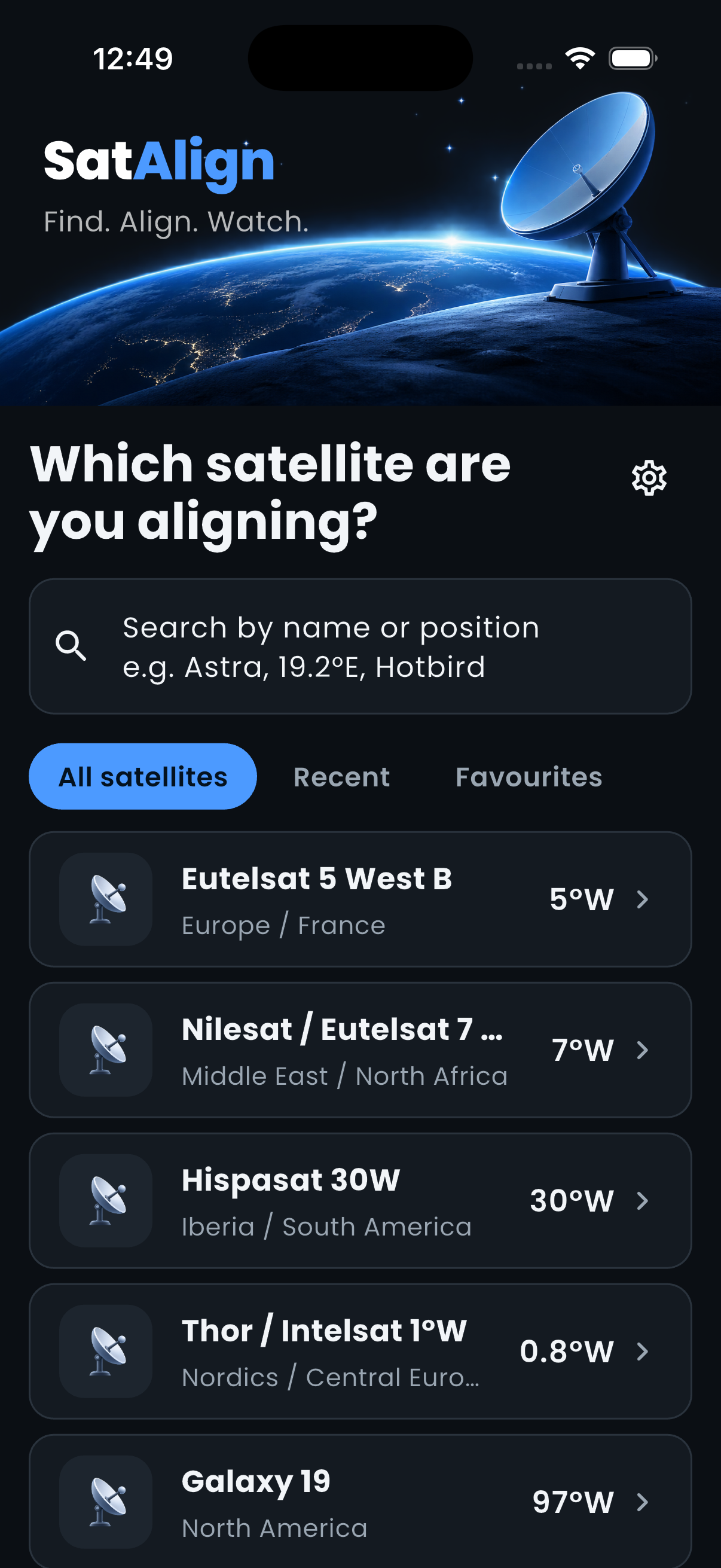 SatAlign home screen showing satellite selection and alignment setup
